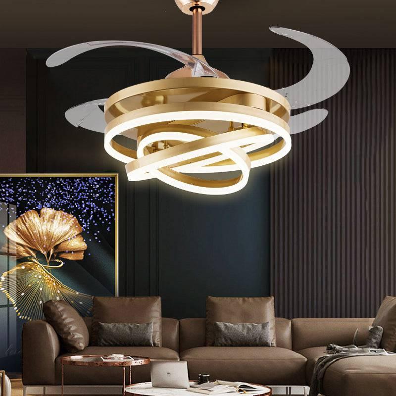 UHD Invisible Golden Rings Ceiling Fan – Chandelier Style, 4 Retractable ABS Blades, Warm White LED, Remote Controlled