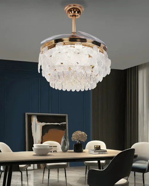 UHD Floral Crystal Ceiling Fan Chandelier – Luxury Gold, Retractable Blades, LED (3-Color) with Remote Control