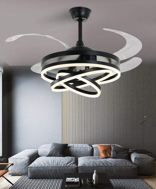 UHD Invisible Black Rings Ceiling Fan – Chandelier Design, 4 Retractable ABS Blades, Warm White LED, Remote Controlled