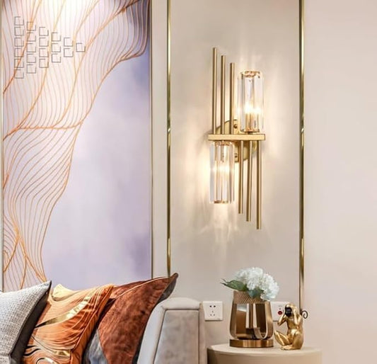 UHD Crystal Wall Sconce Geometric Wall Lamp, Modern Gold Metal Wall Light Headboard Lighting Fixture, Nordic Wall Mounted Lamps for Living Room Hallway Hotel Bedroom Bedside