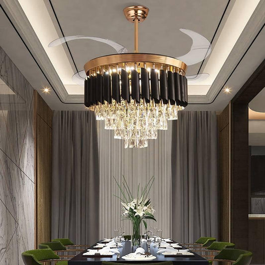 UHD 42" Modern Crystal Chandelier Ceiling Fan – Gold, Retractable Blades, LED Lighting