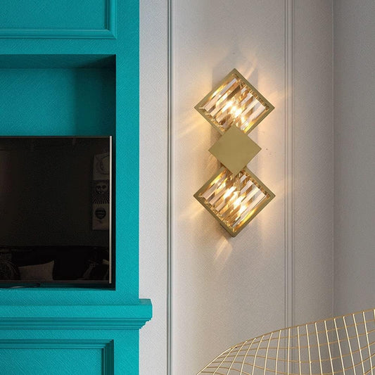 UHD Crystal Wall Sconce Geometric Wall Lamp, Modern Gold Metal Wall Light Headboard Lighting Fixture, Nordic Wall Mounted Lamps for Living Room Hallway Hotel Bedroom Bedside