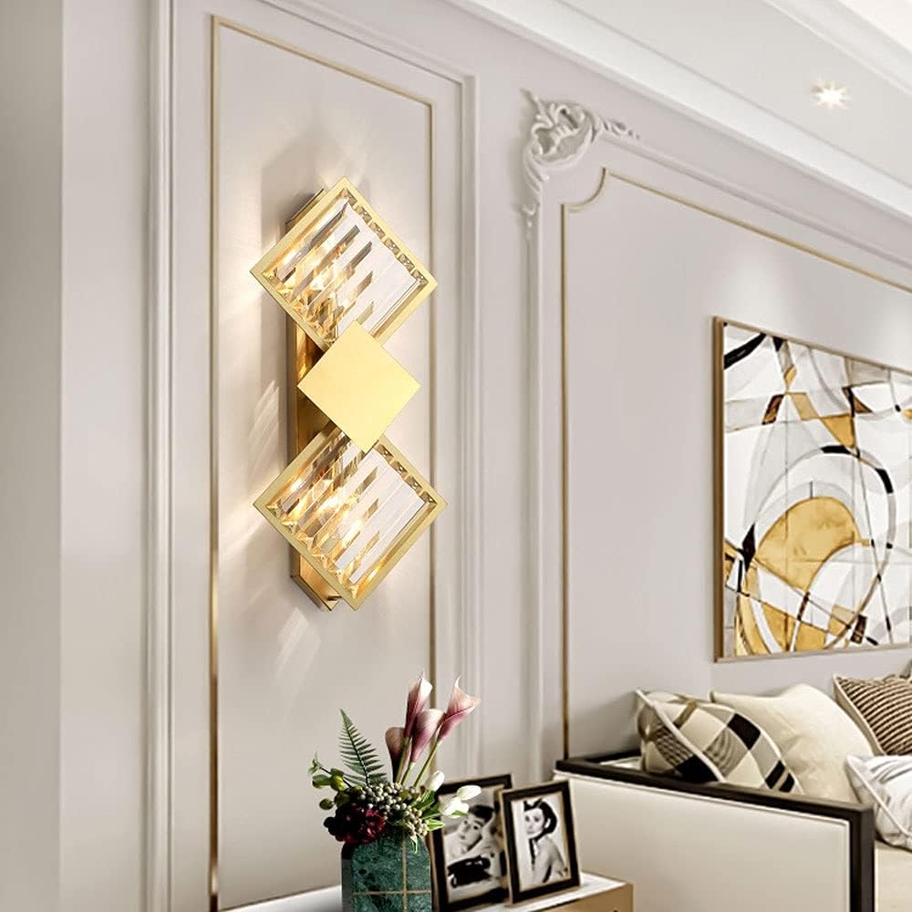 UHD Crystal Wall Sconce Geometric Wall Lamp, Modern Gold Metal Wall Light Headboard Lighting Fixture, Nordic Wall Mounted Lamps for Living Room Hallway Hotel Bedroom Bedside