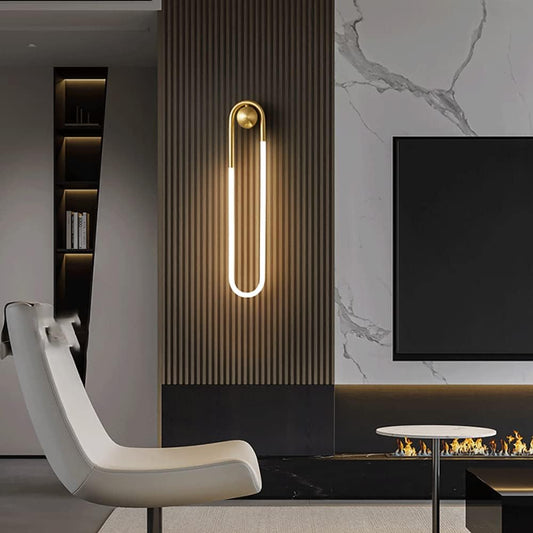 UHD Bedroom Wall Lights, Copper Long Ring Wall Light, Linear Brass Wall Lamp with Acrylic Tube, Modern LED Wall Lights, Bedside Wall Sconce, Simple Ultra-Thin Wall Lamps Compatible with Bedroom, Corrido
