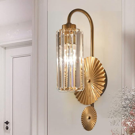 UHD Crystal Wall Sconce Vintage Wall Lamp, Lotus Leaf Gold Metal Lighting Fixture, Retro American Style Wall Mount Light for Living Room & Bedroom Decor