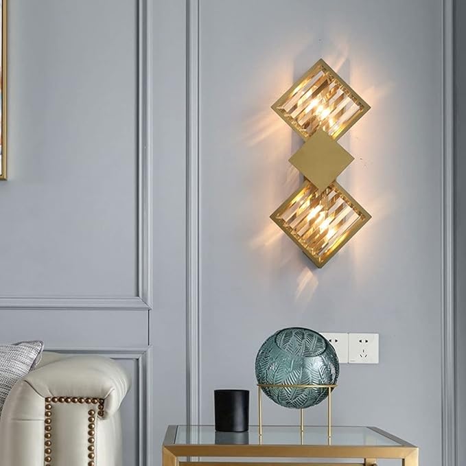 UHD Crystal Wall Sconce Geometric Wall Lamp, Modern Gold Metal Wall Light Headboard Lighting Fixture, Nordic Wall Mounted Lamps for Living Room Hallway Hotel Bedroom Bedside