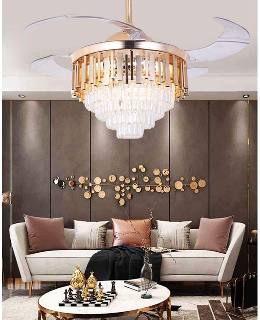 UHD Invisible Crystal Ceiling Fan Chandelier – 4 Retractable ABS Blades, Remote Controlled