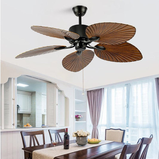UHD Tropical Wind Ceiling Fan – Wooden Palm Leaf Blades, Remote Controlled, Dark Wood Finish