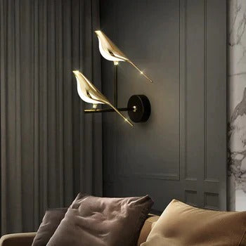 UHD 2-LED Modern Gold & Black Metal Wall Light with Bird Design – Warm White for Drawing Room
