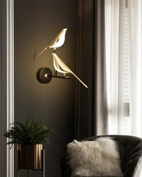 UHD 2-LED Modern Gold & Black Metal Wall Light with Bird Design – Warm White for Drawing Room