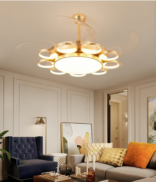 UHD Invisible Golden Rings Ceiling Fan Chandelier – 4 ABS Blades, Warm White LED, Remote Controlled