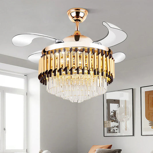 UHD Invisible Gold-Black Ceiling Fan Chandelier – K9 Crystal, 4 Retractable ABS Blades, Tricolor LED, Remote Controlled