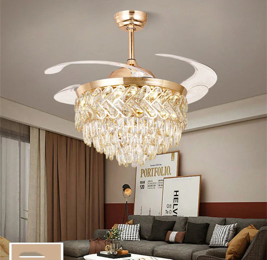 UHD Crystal Ceiling Fan – Retractable Blades, LED (3-Color, 3-Speed), Remote Control, Modern Luxury Chandelier