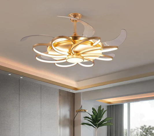 UHD Invisible Golden Oval Rings Ceiling Fan Chandelier – 4 Retractable ABS Blades, Remote Controlled